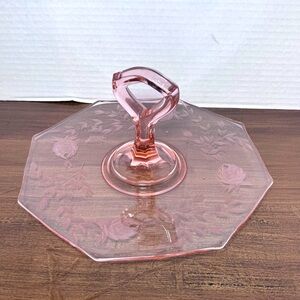 Vintage Pink Depression Glass Sandwich Server Dessert Tray Curved Handle -No Dmg